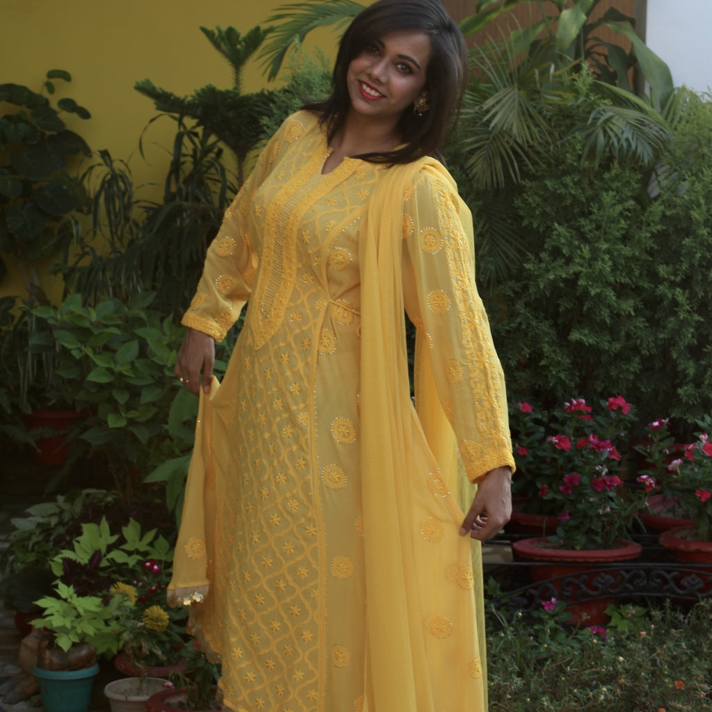Pure Georgette Yellow Chikankari Kurta