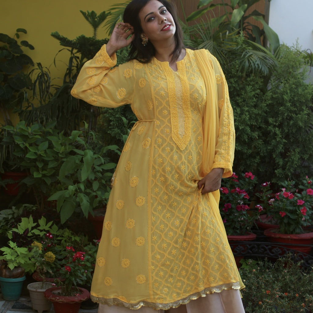 Pure Georgette Yellow Chikankari Kurta
