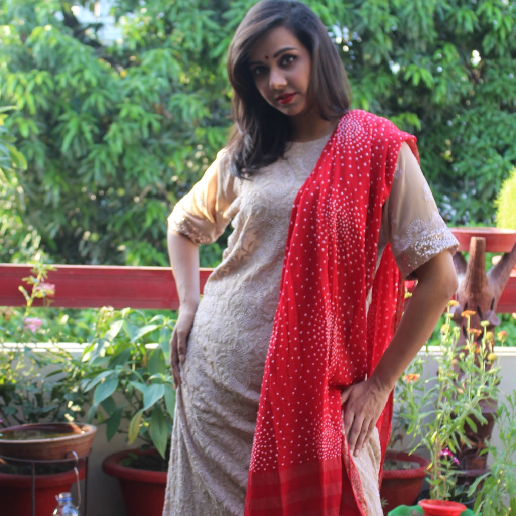 Banarasi Weaved Red Bandhej Dupatta