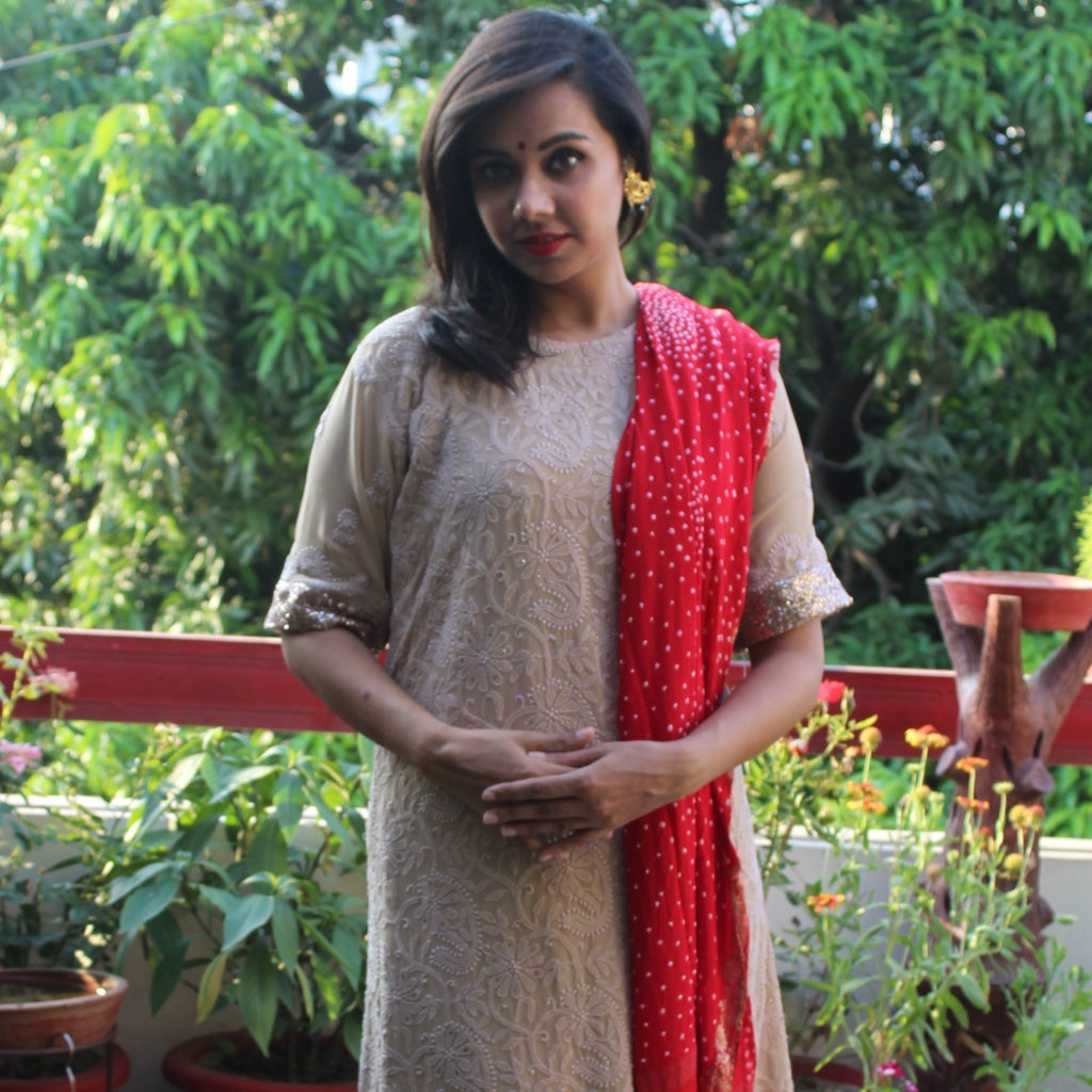 Banarasi Weaved Red Bandhej Dupatta