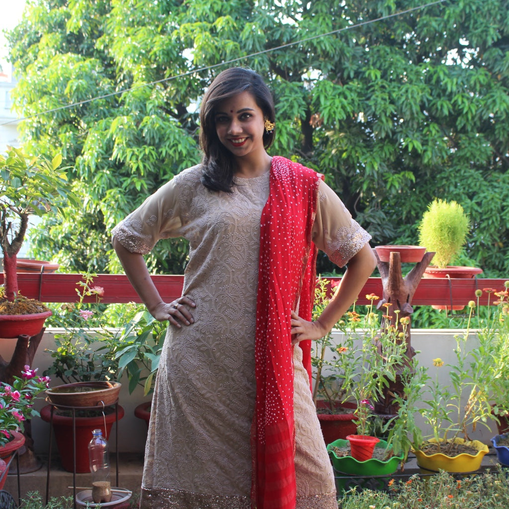 Banarasi Weaved Red Bandhej Dupatta