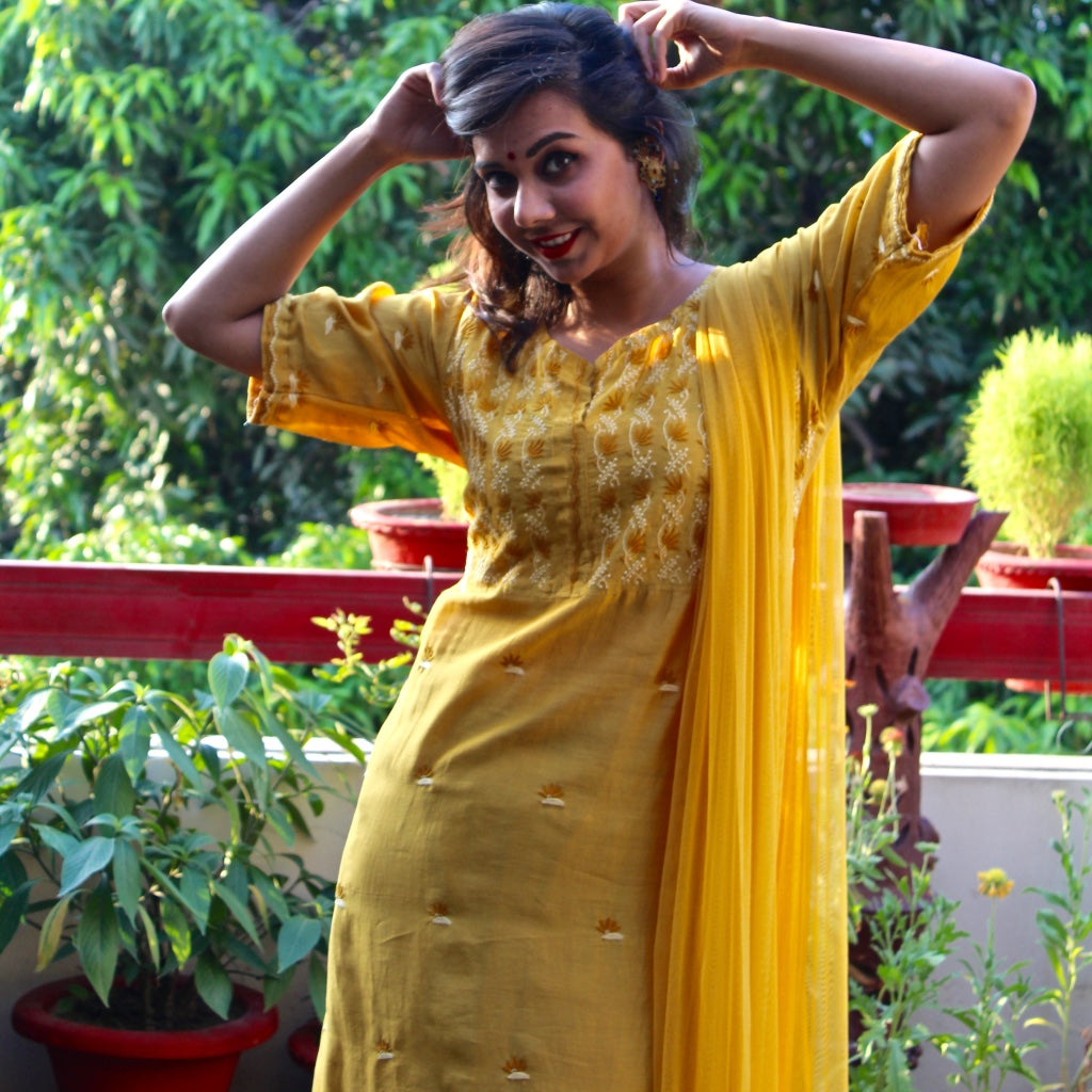 Mustard Cotton Silk Chikankari Kurta
