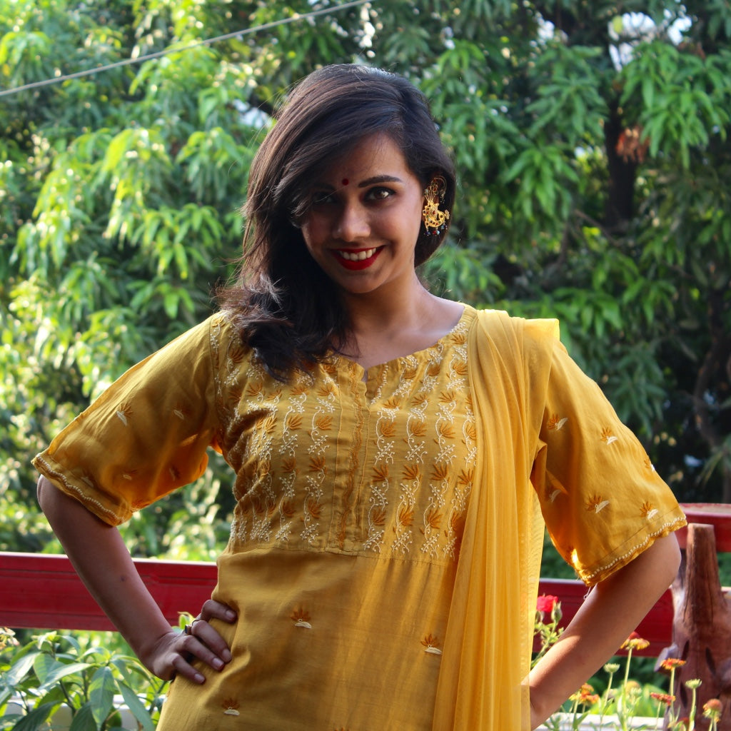 Mustard Cotton Silk Chikankari Kurta