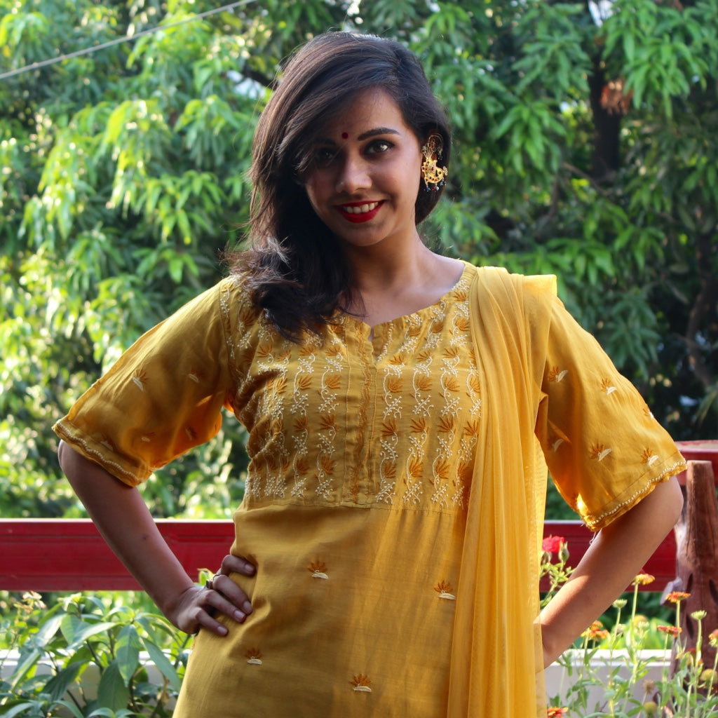 Mustard Cotton Silk Chikankari Kurta