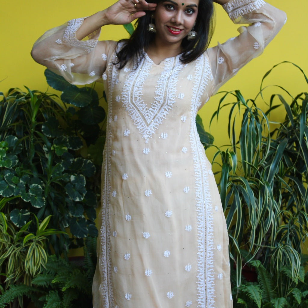 Beige Organza Chikankari Kurta