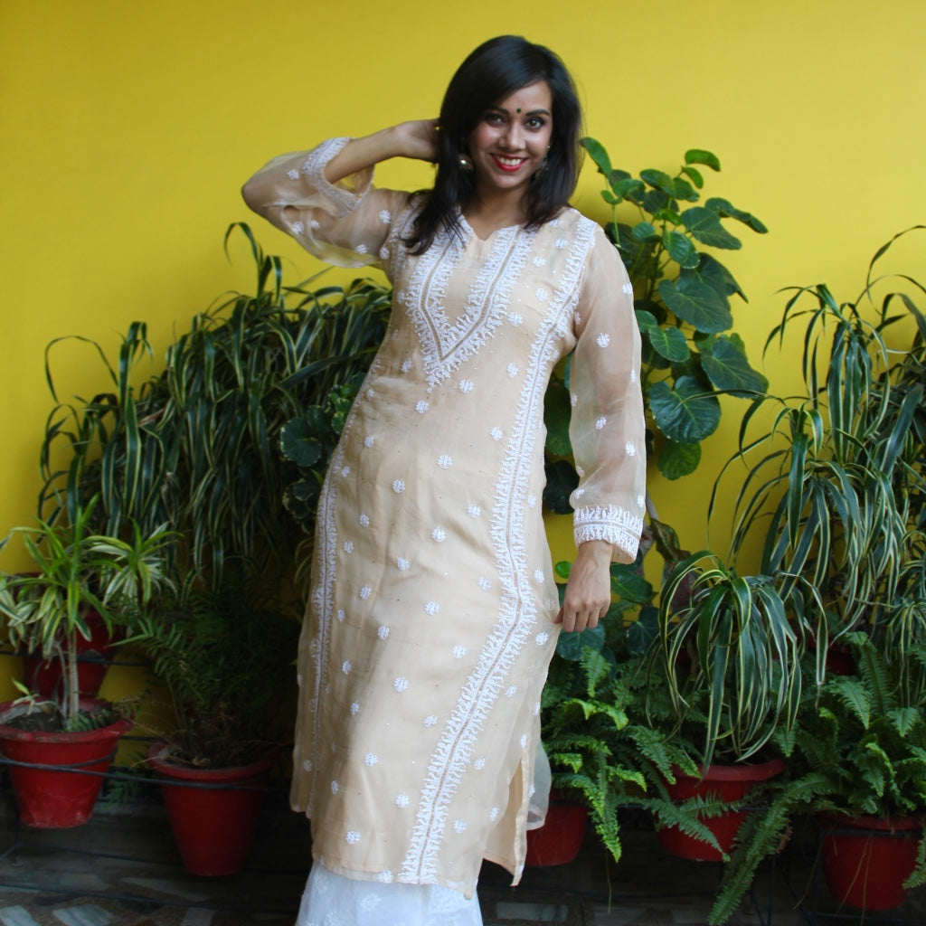 Beige Organza Chikankari Kurta