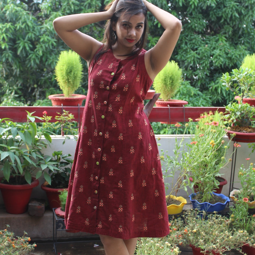 Maroon Linen Fit and Flare Dress