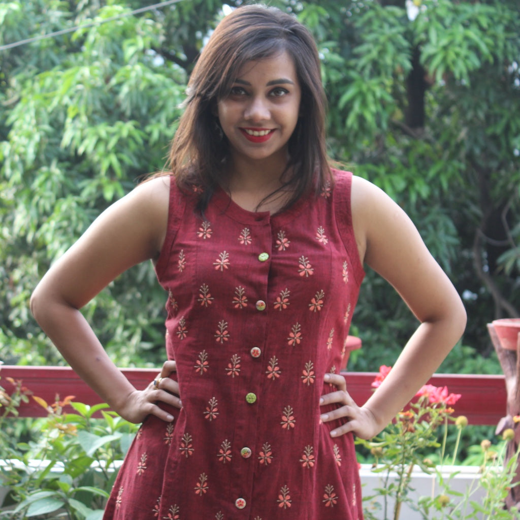 Maroon Linen Fit and Flare Dress