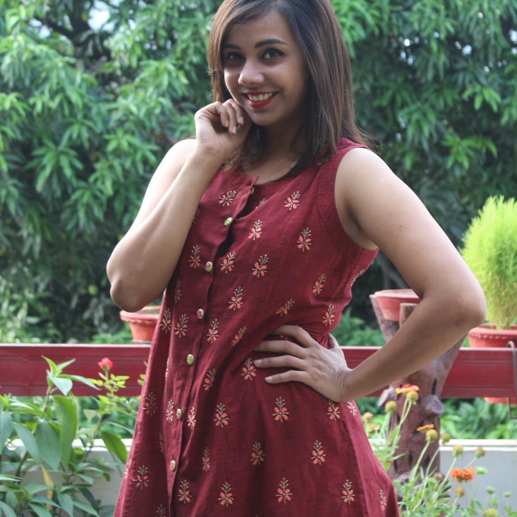 Maroon Linen Fit and Flare Dress