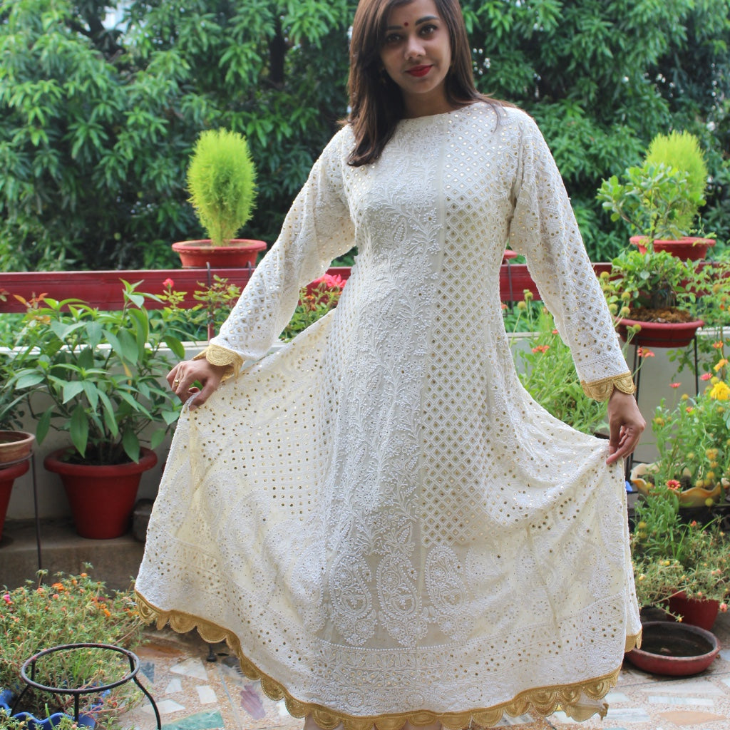 Georgette Chikankari Rose Anarkali Set