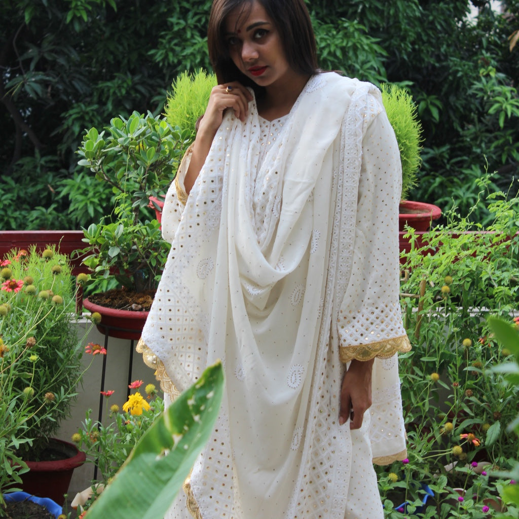 White Georgette Kamdani Kurta