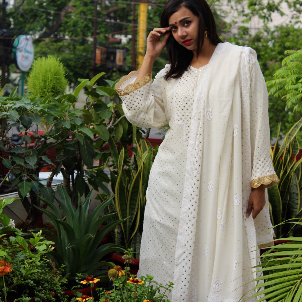 White Georgette Kamdani Kurta