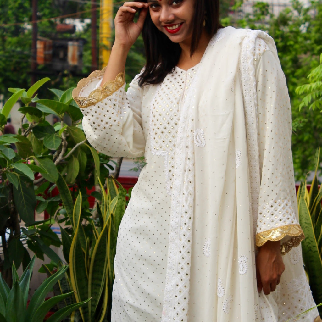 White Georgette Kamdani Kurta