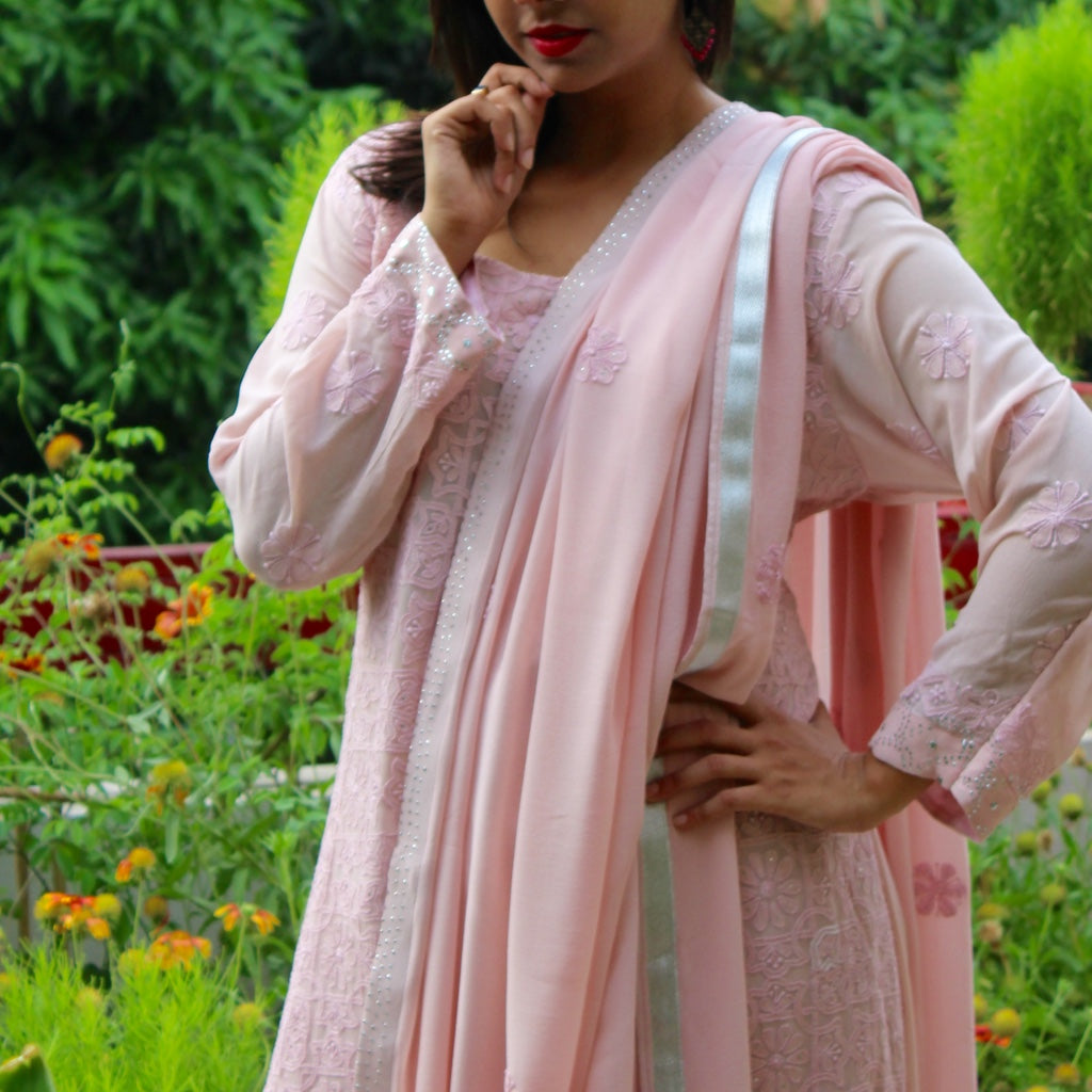 Pink Georgette Dupatta with Chikankari