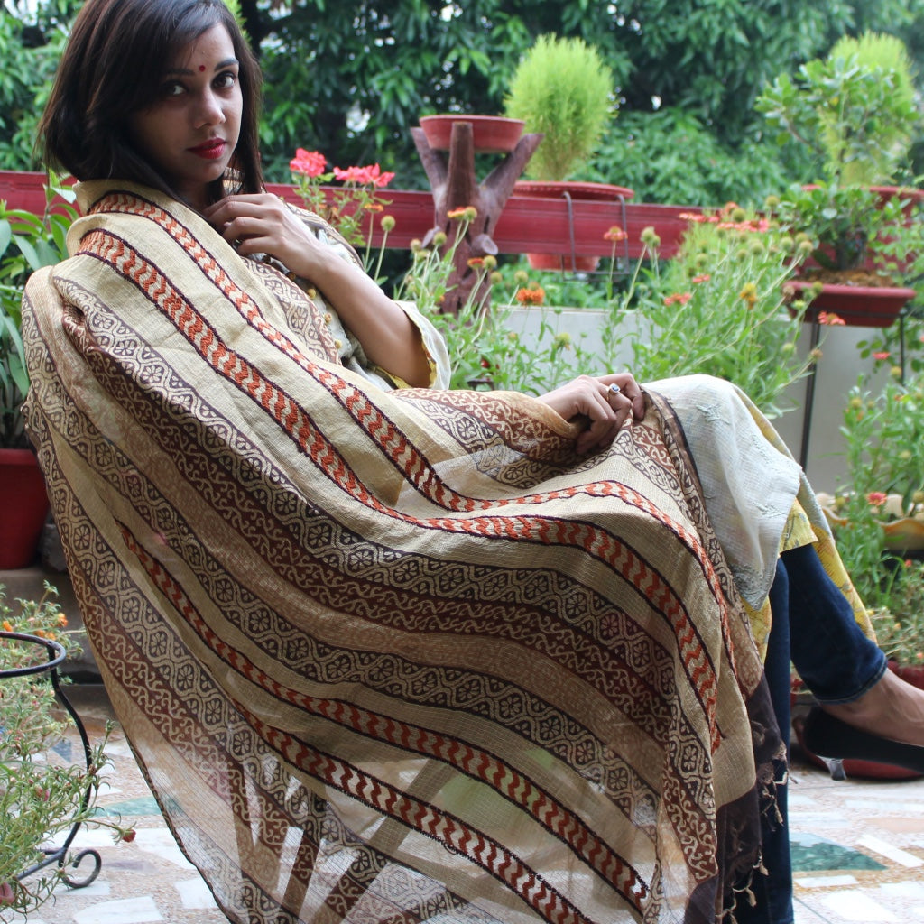 Hand Block Printed Kota Dupatta with Chikankari