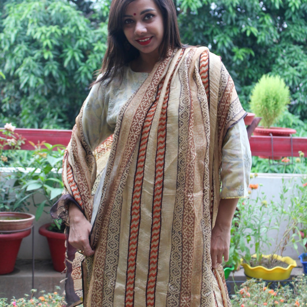 Hand Block Printed Kota Dupatta with Chikankari