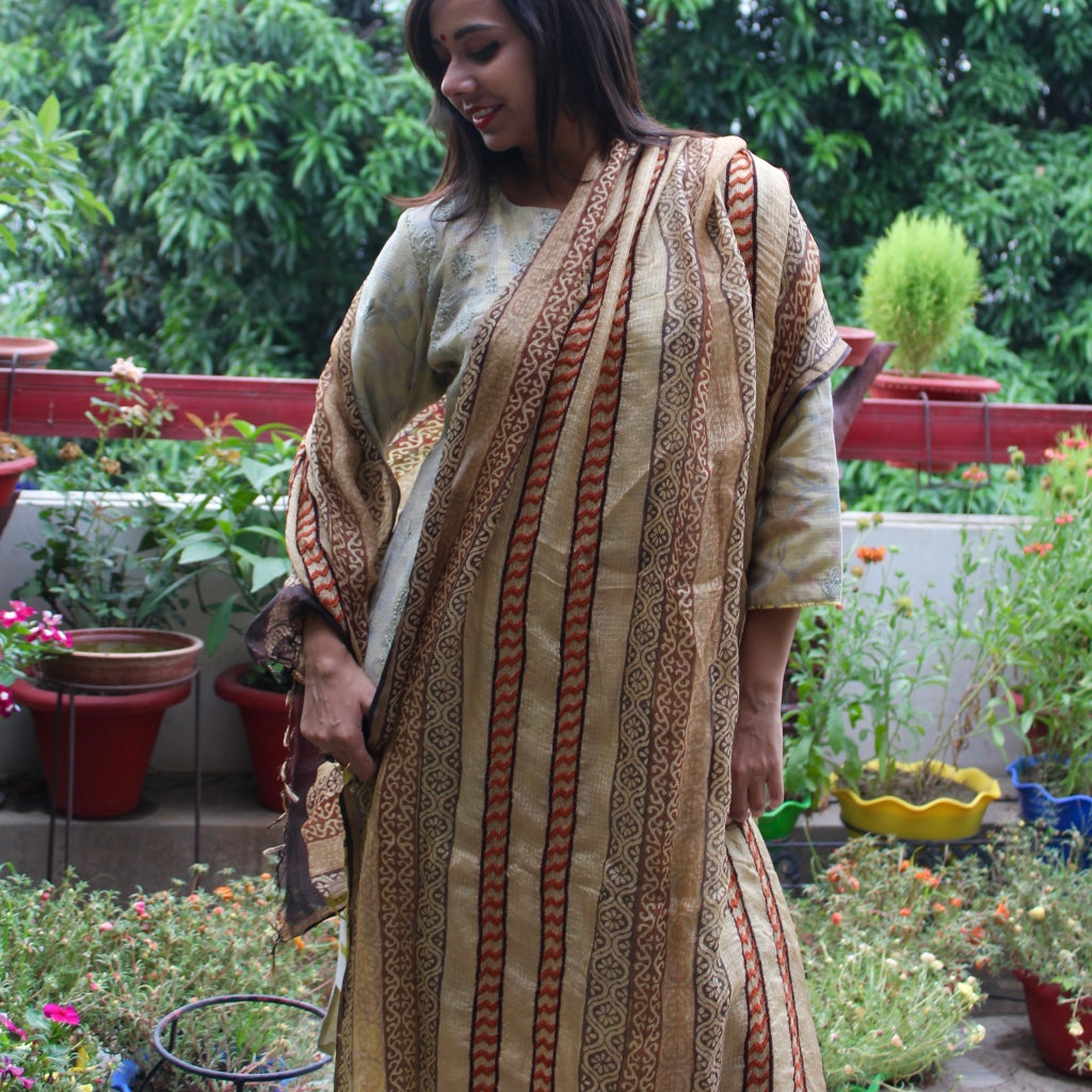 Hand Block Printed Kota Dupatta with Chikankari